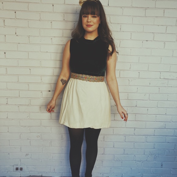 Vintage Dresses & Skirts - 1960s Mini Dress with Green Velvet Bodice and Gold Embroidered Waistband